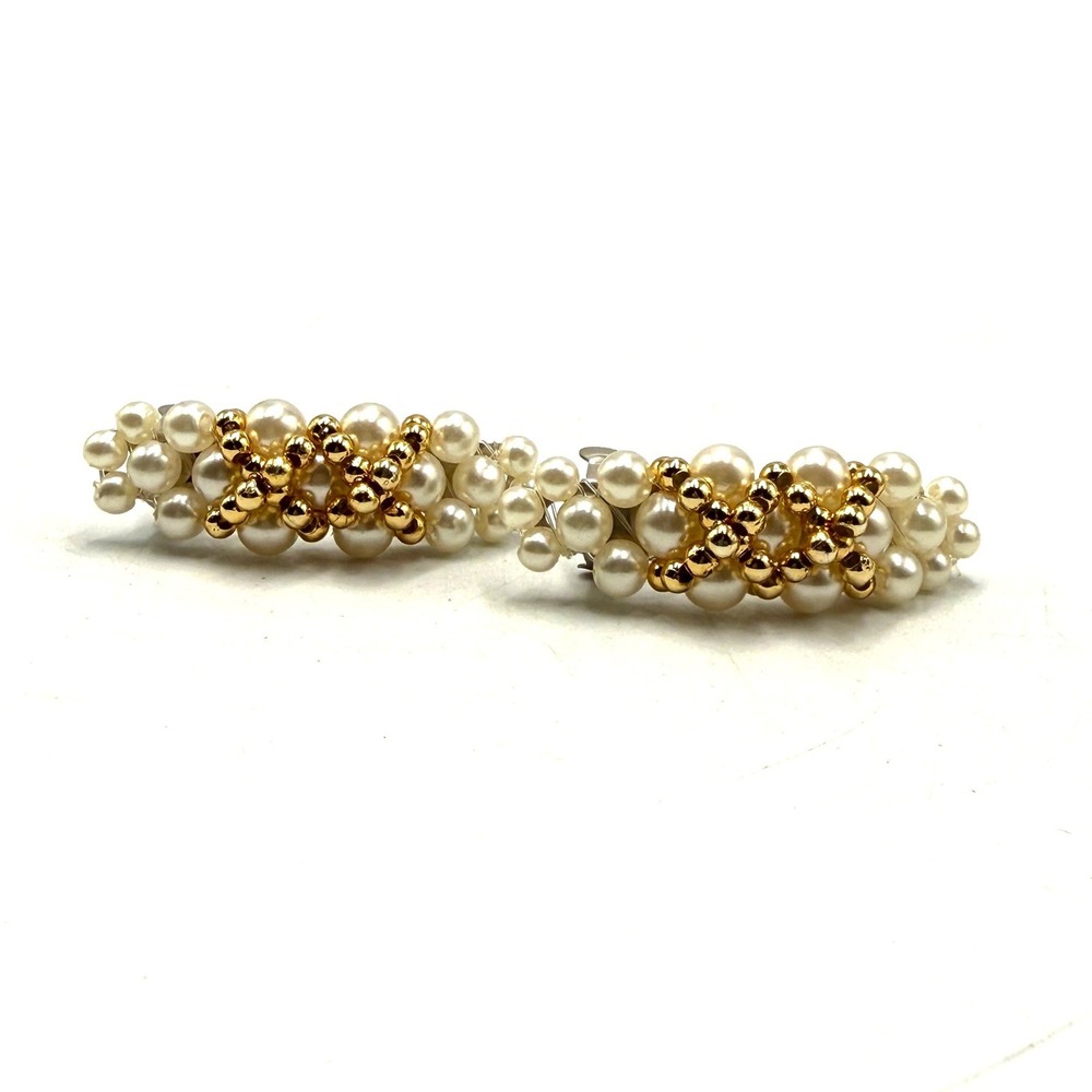 Vintage Faux Pearl Gold Tone Bead Hair Barrettes Set of 2 Small Clips White Gold